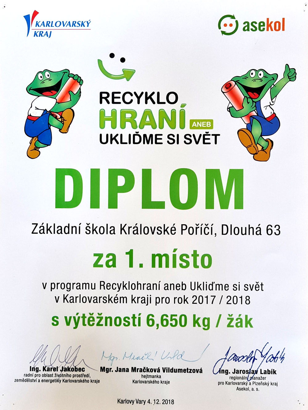 Diplom za 1. místo 2018