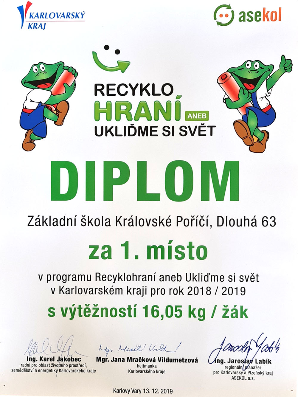 Diplom za 1. místo 2019