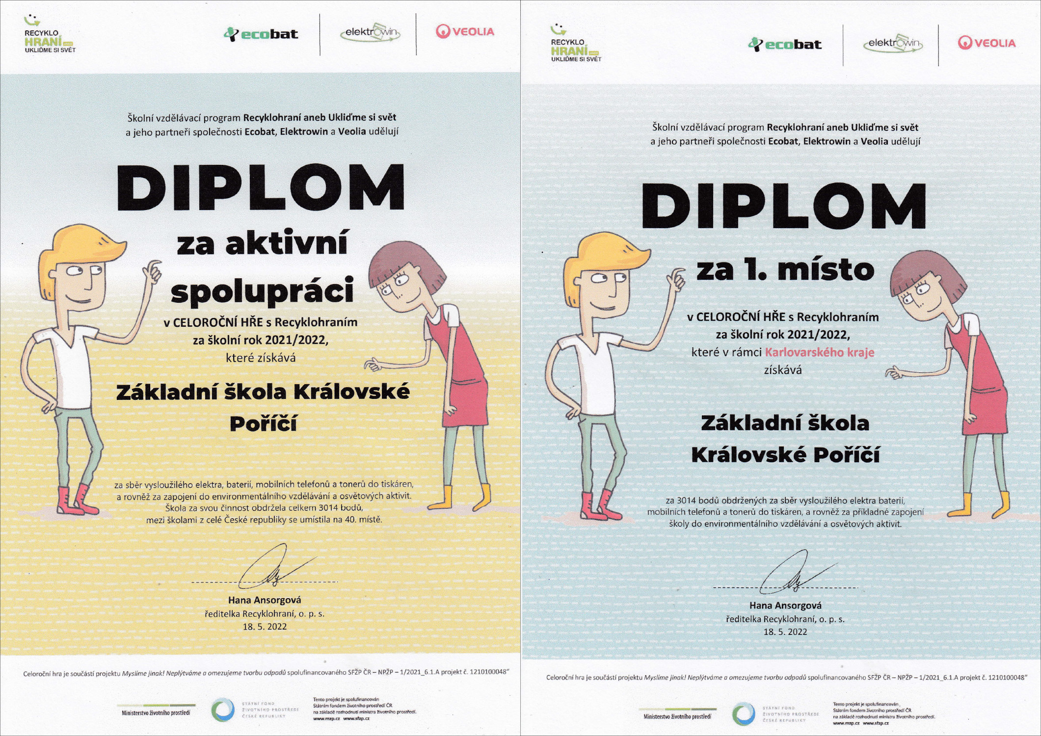 Diplom za 1. místo a spolupráci v projektu Recyklohraní